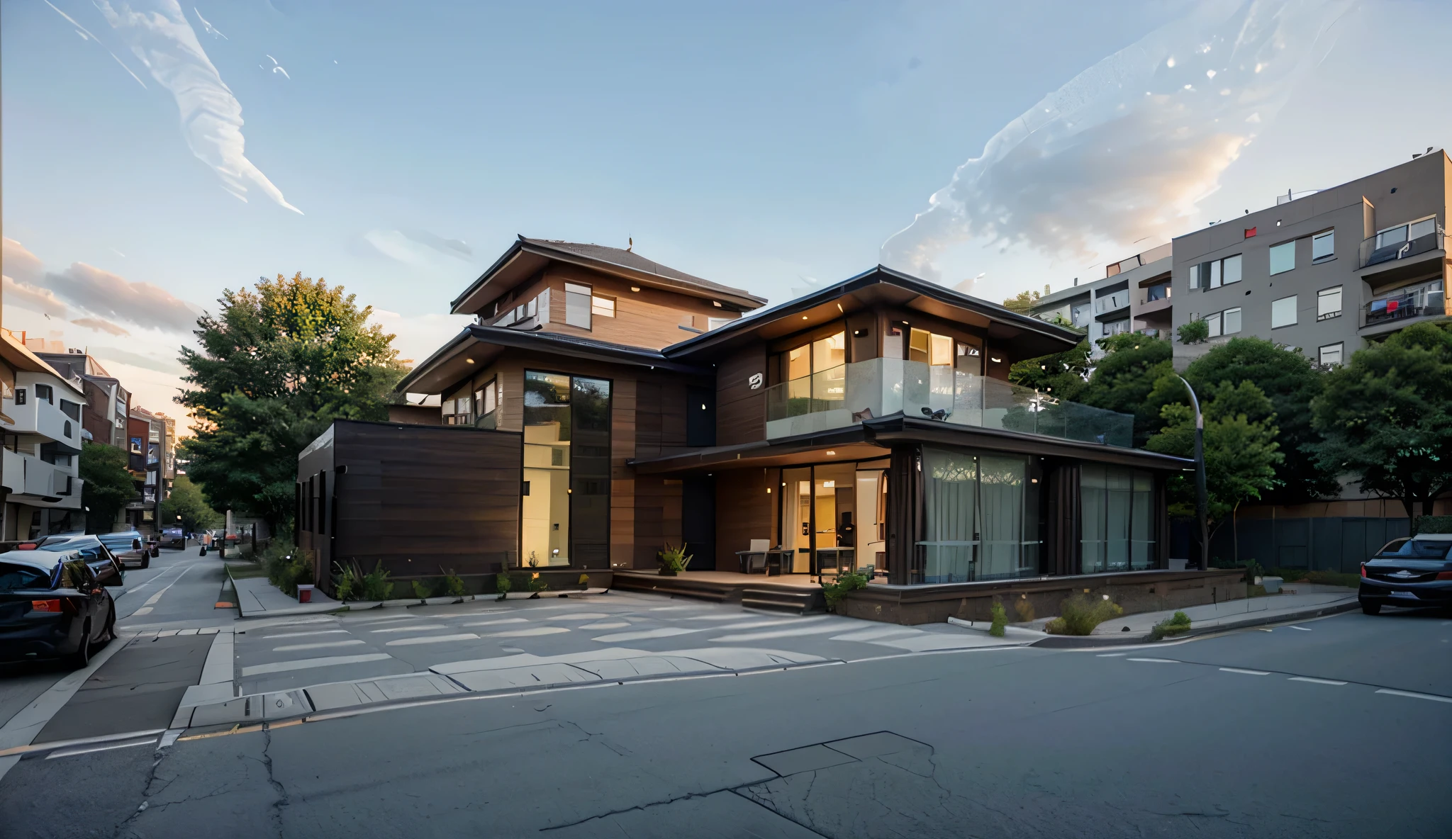 Exterior, morden house, dynamic light, curve linear, busy traffic, "The sidewalks have many trees", (car), ((wide sidewalk)), (background trees)