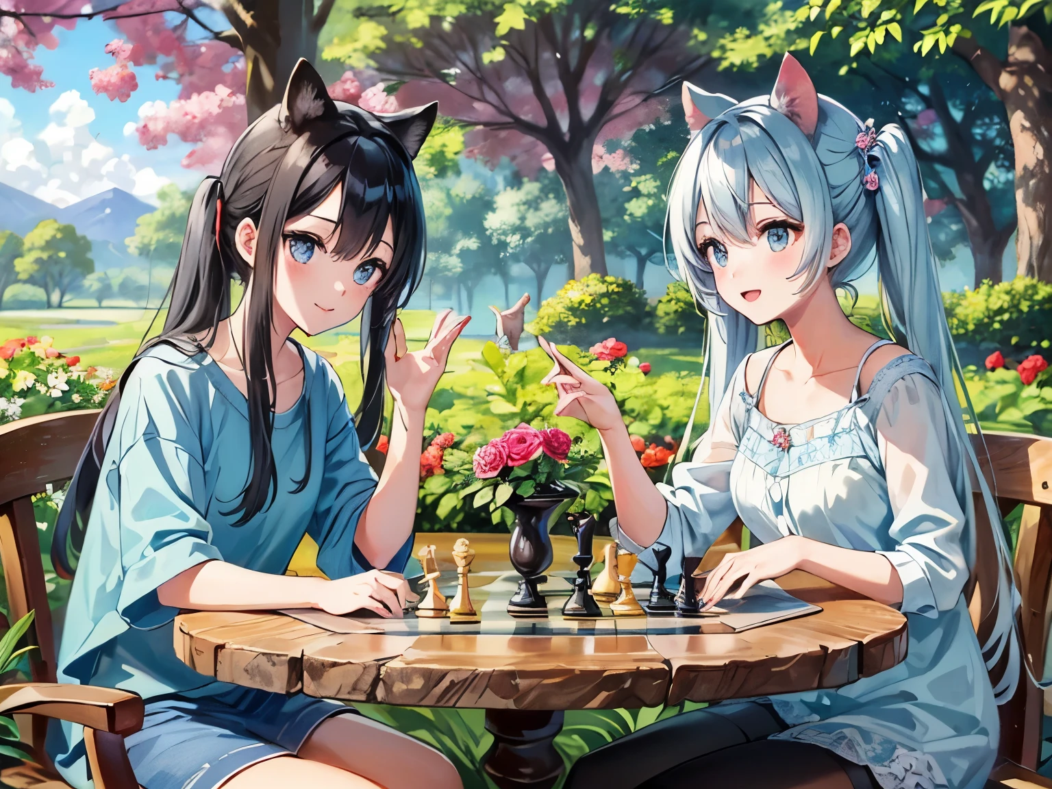 Light blue long hair、Beautiful girl with twin tails、Rose Garden Cafe、There are lots of vibrant flowers blooming、The animals are watching、Sitting at a table playing chess with a cute big squirrel、Bright smile
