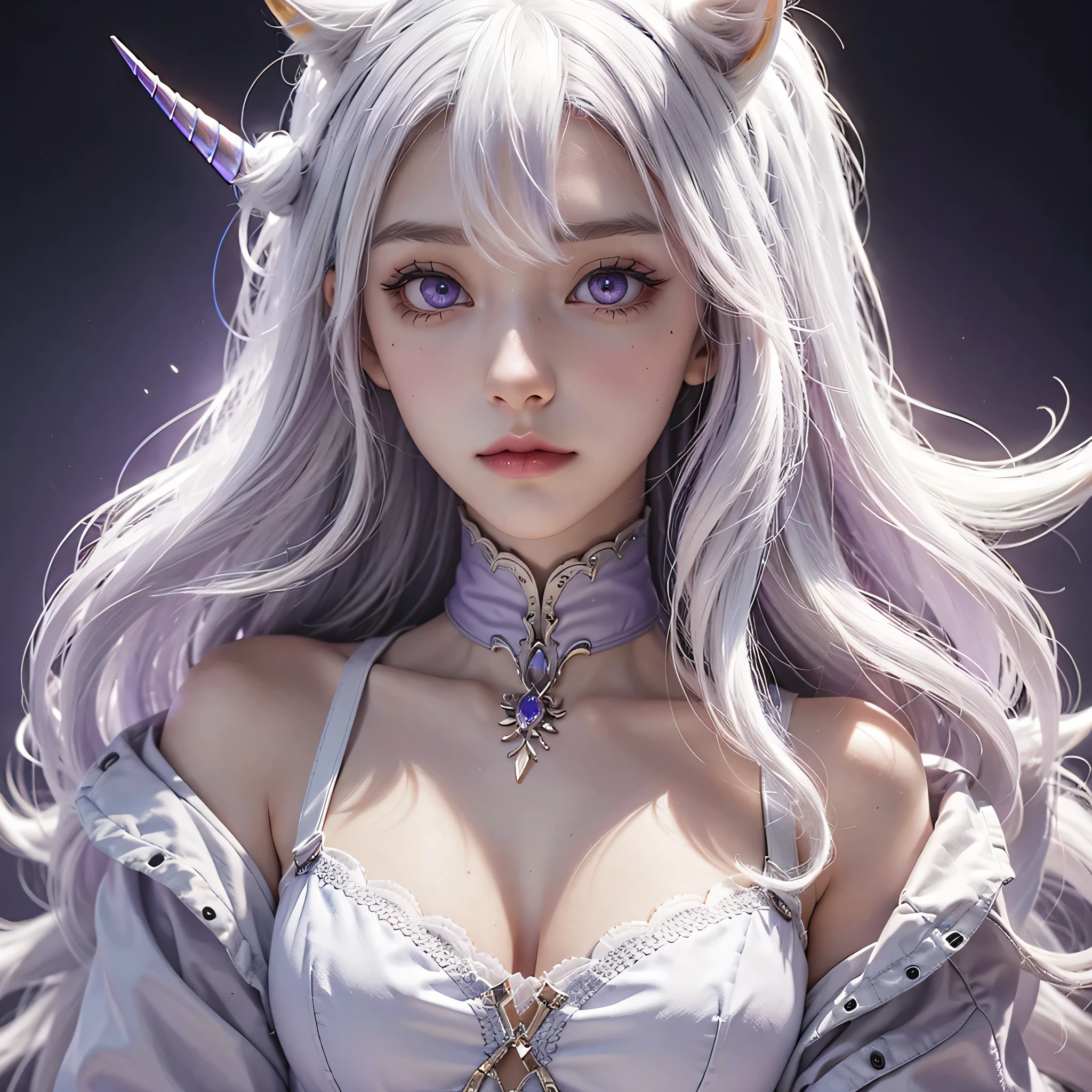 Unicorn Anthropomorphic Female High detail White hair Purple pupils