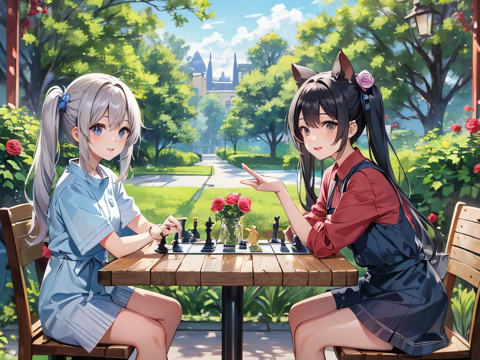 Light blue long hair、Beautiful girl with twin tails、Rose Garden Cafe、There are lots of vibrant flowers blooming、The animals are watching、Sitting at a table playing chess with a cute big squirrel、Bright smile
