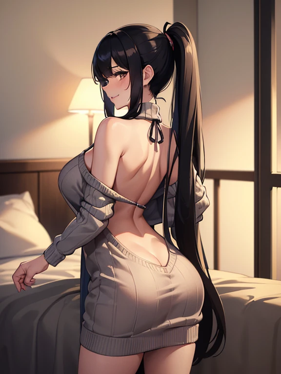 ((masterpiece, best quality, highest quality, ultra-detailed, 32K cg wallpaper, high resolution)), 1 woman,black hair,brown eye,very long ponytail hair,swept bangs,huge breasts,blush,smile,parted lips, (backless sweater dress:1.2),multiple views,tight,cable knit,standing,from behind,bed side,