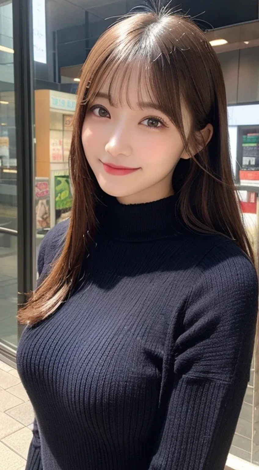 masutepiece, Best Quality, Illustration, Ultra-detailed, finely detail, hight resolution, 8K Wallpaper, Perfect dynamic composition, Beautiful detailed eyes, black long sleeve knit dress,Straight hair,Small breasts natural color lip, Randomly sexy poses,Smile,Harajuku、20 years girl、Cute、Sexy shot looking at camera,Perfect and beautiful face