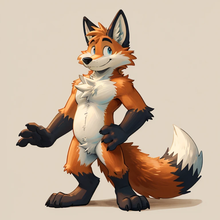 by daftpatriot, by softailfox, by honeymono, solo, male, mammal, anthro, canid, canine, fox, fur, simple background, male, smile, white background, featureless crotch, standing, feet, hi res, hands, 4 fingers, toes, dipstick tail, orange fur, looking at viewer, biped, tuft, nude, blue irises, 3 toes, tail markings, markings, cheek tuft, facial tuft, chest tuft, black nose, fingers, white fur, white body, btets,
