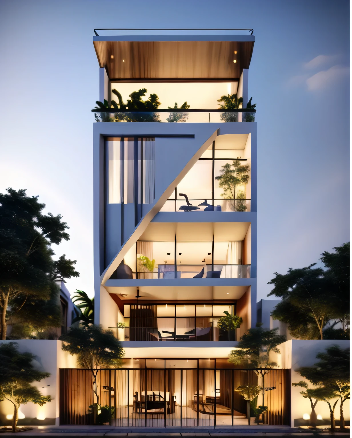 a drawing of a house with a staircase leading to a large glass window, high quality architectural art, architecture art, architectural illustration, contemporary architecture, mono,beautiful and realistic photos, busy surrounding space, realistic trees, surrounding landscape is the city, soft light, late afternoonchrome drawing, realistic architecture, architectural rendering, architectural sketch, in style of zaha hadid architect, architectural concepts, architectural concept, rounded architecture, architecture drawing, artistic drawing, exquisite architecture, beautiful artist rendering, architectural render
