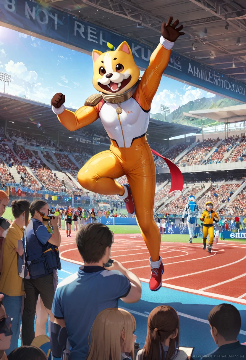 ((masterpiece, highest quality, Best image quality, High resolution, Realistic, RAW Photos, 8k)), Award ceremony for the Prank Competition, Medalled athletes frolicking around, Biting the medal, background, Athletics Stadium, Athletes in costumes, The composition is such that the faces are distorted, On the track lane, With multiple people, Relay competitions, A fun-looking audience, A large audience, The performance was such that you could hear the cheers of the crowd., ((Costumes worn by athletes, Mascots, AnimeCos, Spacesuit, Yokozuna Style))