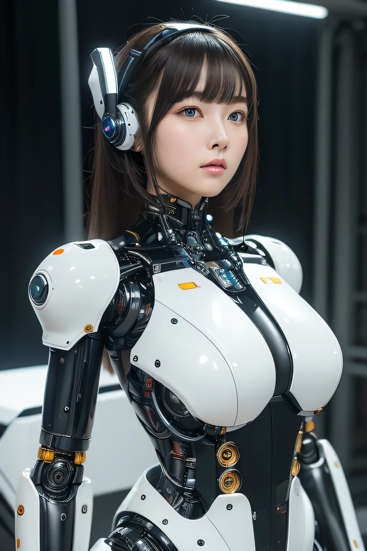 masterpiece, best quality, extremely detailed, portrait,Japaese android girl,Plump,a bit chubby,control panels,android,Droid,Mechanical Hand, ,Robot arms and legs, Black hair,Mechanical body,Blunt bangs,White Robotics Parts,perfect robot woman,Charging spot,Long Tube,A thick cable was connected to her neck,perfect mechanical body,white robotics body,future assembly plant,white body,She has repaired,black sponge joints,android assembly plant,android,laboratory,perfect machine body,white robot body,blue eyes