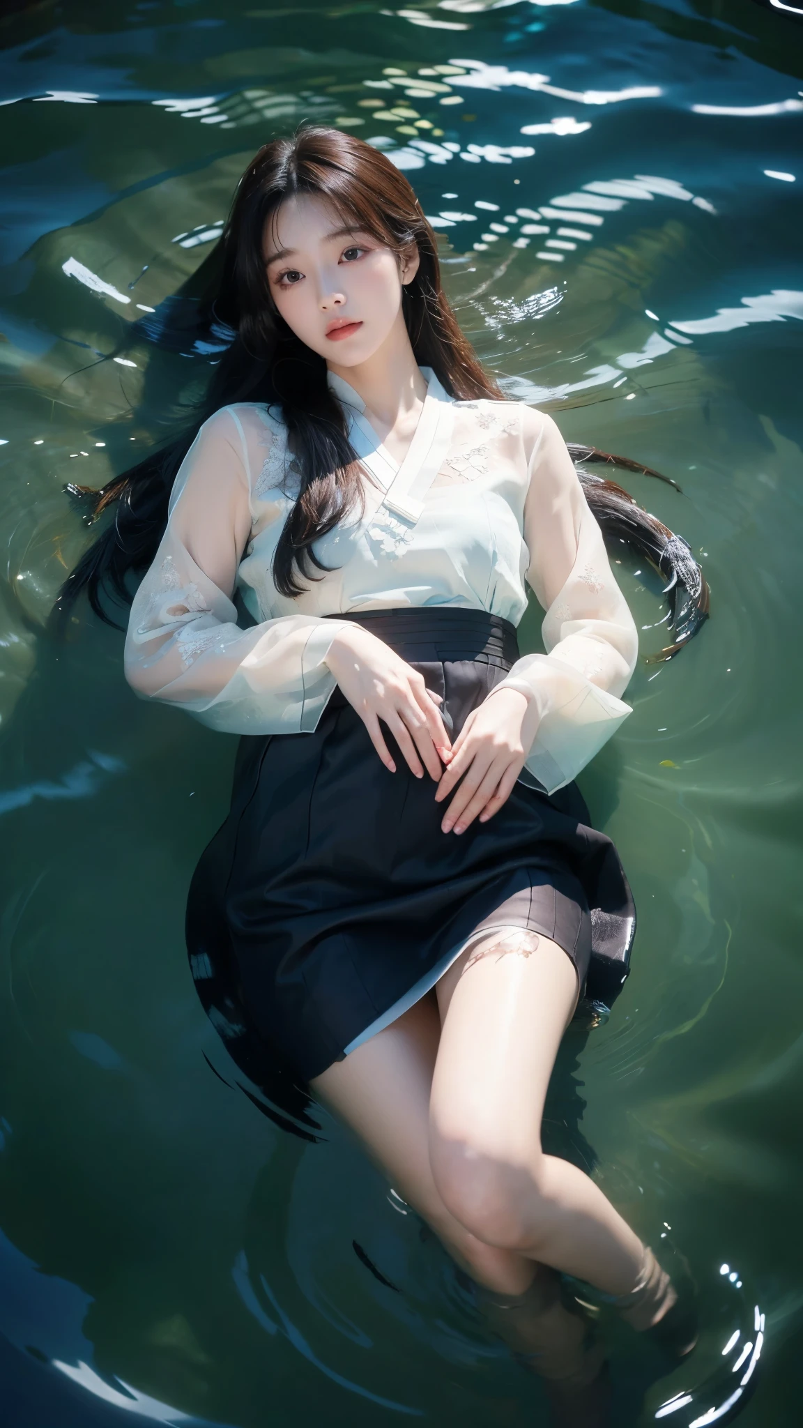 (ultra high definition, 8K, masterpiece: 1.3) ((long hair: 1.3)), Korean woman, depth of field, fish eye lens, highest detail, from above, dark night, Immerse yourself in water, lay down, 렌즈방향은 from above 아래로, long dress, (lay down: 1.3), look into the distance, Han bok, in the forest, pond, Clean water, 