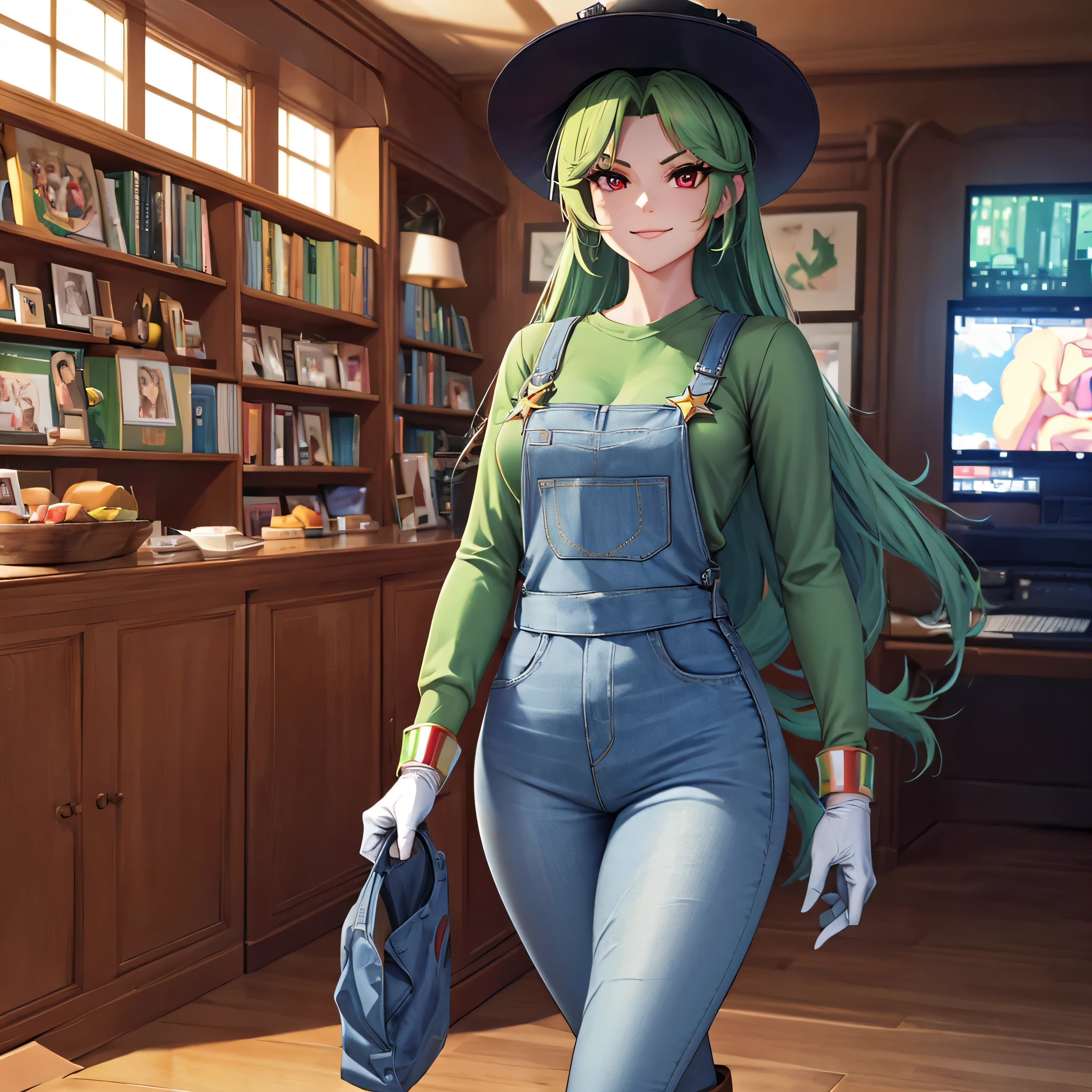 A woman wearing a green long-sleeved shirt, wearing denim overalls (long jeans), military green Luigi hat, with letter L on the hat, (from Mario World), long green hair, red eyes, brown boots, white gloves, body whole, smiling, walking in a custom video room pixel game, bokeh effect, stereogram, tachi-e, pov, atmospheric perspective, high detail, luminism, hyperrealism, brightness, 8k, super detail, accurate, best quality, high resolution, award-winning, anatomically correct
