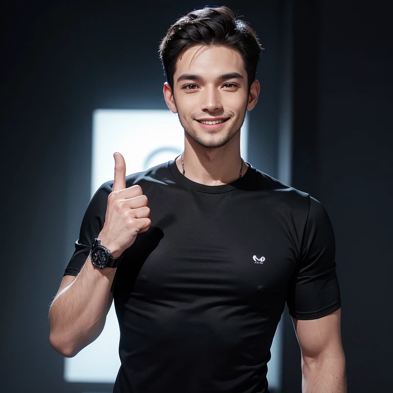 The image shows a man wearing a black t-shirt and a black square wristwatch, smiling and giving a thumbs up. The background is white. The man has a fit body.