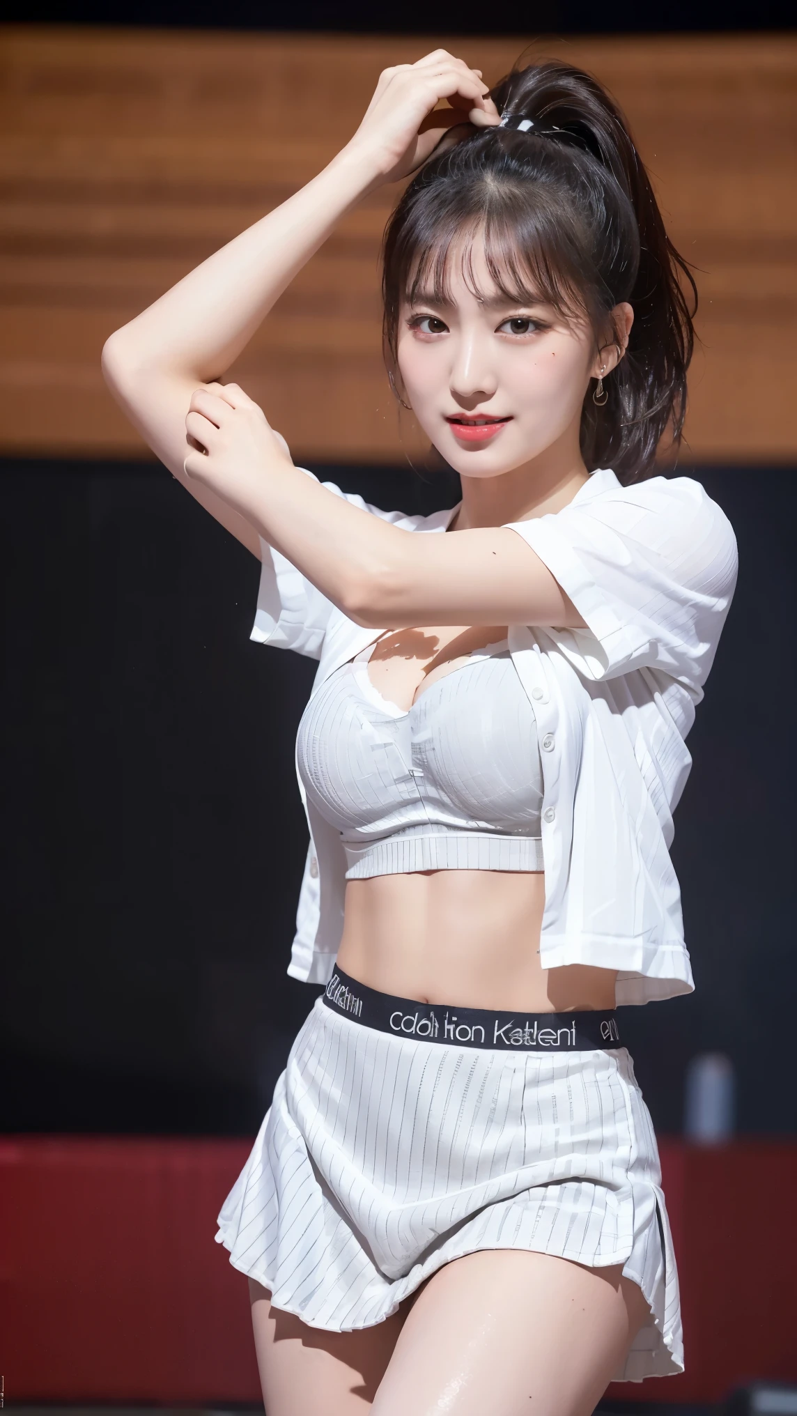 (8k), (highest quality: 1.2), (Realistic), (Realistic: 1.47), Ultra-high resolution, 1 girl, cute, smile, Mouth closed, (Thick lips:1.2),Red lips,Beautiful details, Beautiful Nose,(Straight shiny black hair),(ponytail),My whole body is wet with sweat,Dancing on the concert stage,Bend your elbows and raise your hands,(University uniform,stripe oversize big white shirts formal:1.2),(Grey pleated skirt:1.2),(open shirt:1.3),(Calvin Klein sports bra:1.3),(I can see her cleavage:1.2),(knees),Shiny thighs,(Medium Shot),