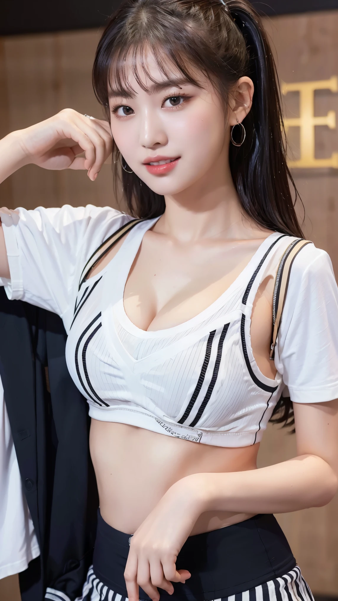 (8k), (highest quality: 1.2), (Realistic), (Realistic: 1.47), Ultra-high resolution, 1 girl, cute, smile, Mouth closed, (Thick lips:1.2),Red lips,Beautiful details, Beautiful Nose,(Straight shiny black hair),(ponytail),My whole body is wet with sweat,Dancing on stage at a concert,(Arabesque Penche:1.2),(University Uniforms,Striped oversized big white shirt, formal:1.4),(Pleated skirt:1.2),(Open shirt:1.4),(Calvin Klein sports bra:1.3),(We can see a little bit of her cleavage.),(knees),Shiny thighs,