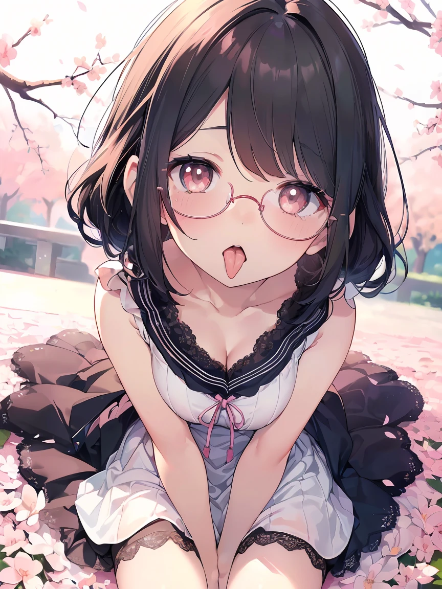 Very detailed, highest quality, High resolution, Moe Anime, ((A cute girl with black hair and droopy eyes leans forward)), ((Wearing large round glasses:1.4)), (Baby Face), Cute eyes, Detailed eye depiction, Sparkle in the eyes, View your viewers, Pale skin, (Big eyes:1.4, Droopy eyes:1.4, torogao:1.4), Focus on the face, In the park with cherry blossoms falling, Sitting, (Extreme close up of tongue), (((From above:1.2))), (Open your mouth wide:1.5), (((Face only:1.3))), ((white lace sleeveless dress)), Bright Eyes, (Put your hands between your legs:1.4), large and long tongue, Cleavage, Pink ribbon