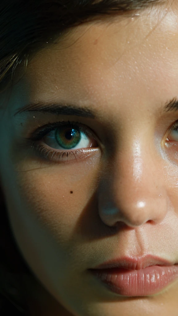 cinematic film still  Ohwx woman in a focus stacking portrait, bathed in a single shade of rich emerald green, highlighting the brown flecks in her eyes, minimalist makeup emphasizing her natural features, a single strand of hair curling across her cheek, a sense of mystery and intrigue. . shallow depth of field, vignette, highly detailed, high budget, bokeh, cinemascope, moody, epic, gorgeous, film grain, grainy, face center on image, photo taken from 5 feet away 