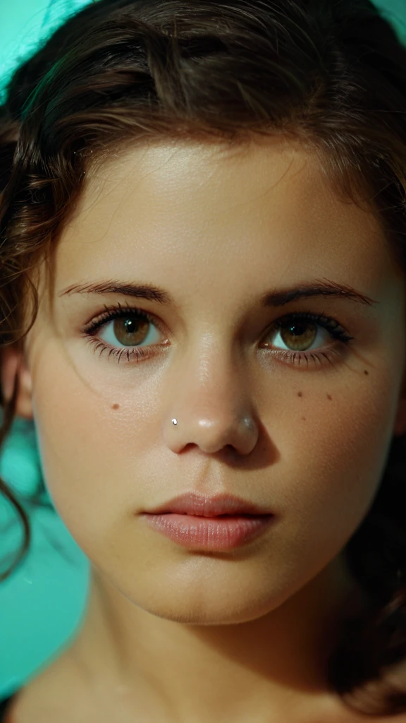 cinematic film still  Ohwx woman in a focus stacking portrait, bathed in a single shade of rich emerald green, highlighting the brown flecks in her eyes, minimalist makeup emphasizing her natural features, a single strand of hair curling across her cheek, a sense of mystery and intrigue. . shallow depth of field, vignette, highly detailed, high budget, bokeh, cinemascope, moody, epic, gorgeous, film grain, grainy, face center on image, photo taken from 5 feet away 