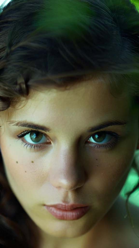 cinematic film still  Ohwx woman in a focus stacking portrait, bathed in a single shade of rich emerald green, highlighting the brown flecks in her eyes, minimalist makeup emphasizing her natural features, a single strand of hair curling across her cheek, a sense of mystery and intrigue. . shallow depth of field, vignette, highly detailed, high budget, bokeh, cinemascope, moody, epic, gorgeous, film grain, grainy, face center on image, photo taken from 5 feet away 