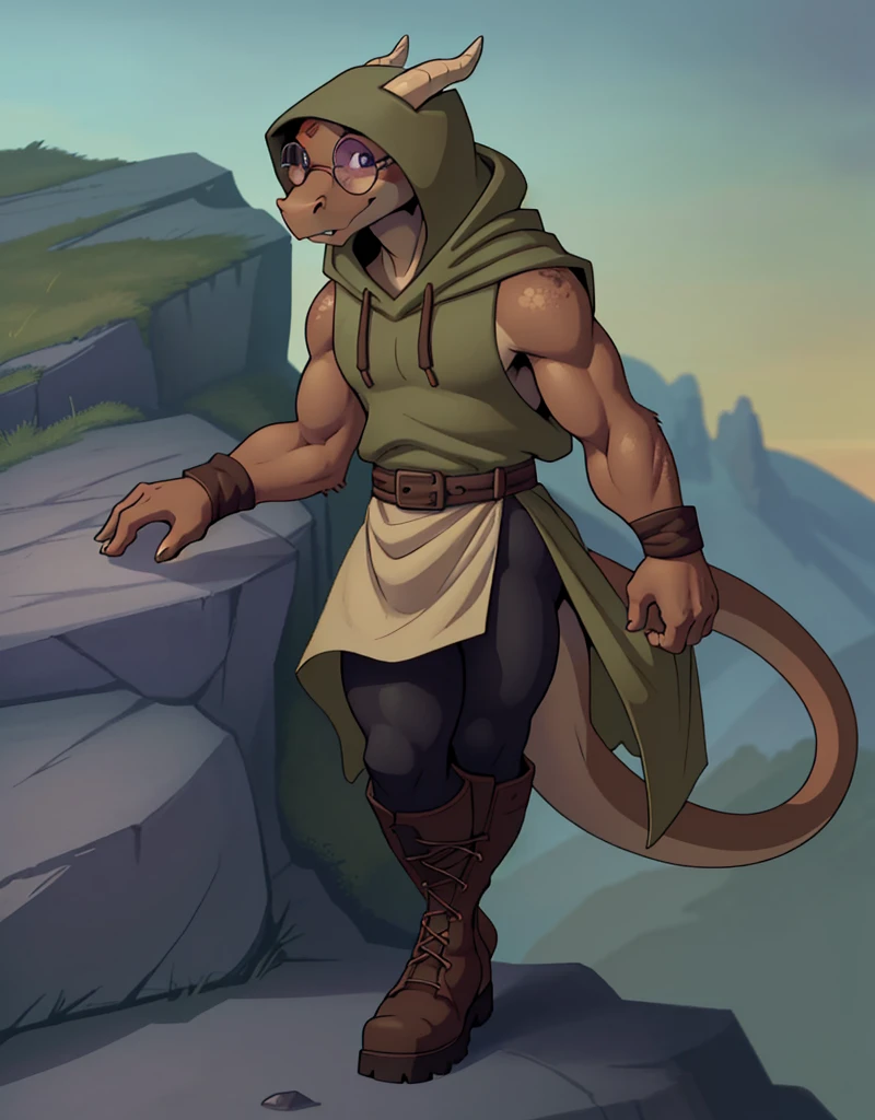 A male, thick, brown anthropomorphic skinny furry dragon, wearing a sleeveless hooded tunic, legging, boots, round glasses, hood, round snout, , solo, collect gemstones on a rocky cliff,