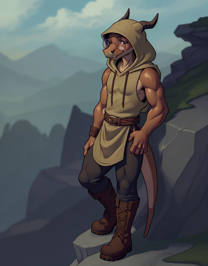 A male, thick, brown anthropomorphic skinny furry dragon, wearing a sleeveless hooded tunic, legging, boots, round glasses, hood, round snout, , solo, collect gemstones on a rocky cliff, 