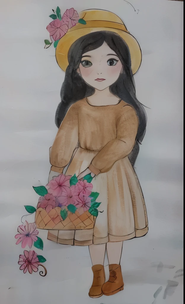 desenho de uma  com uma cesta de flores, com seus cabelos negros usando chapeu, watercolored, pastel artwork, colored sketch, colorized pencil sketch
