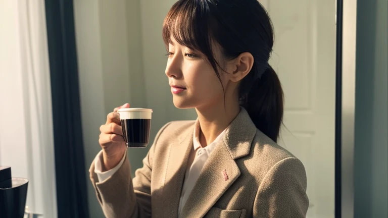A career woman getting ready for the day。Brew coffee、Wear a suit、Grooming yourself in the mirror。Calm and、The peace of mind of your morning routine。