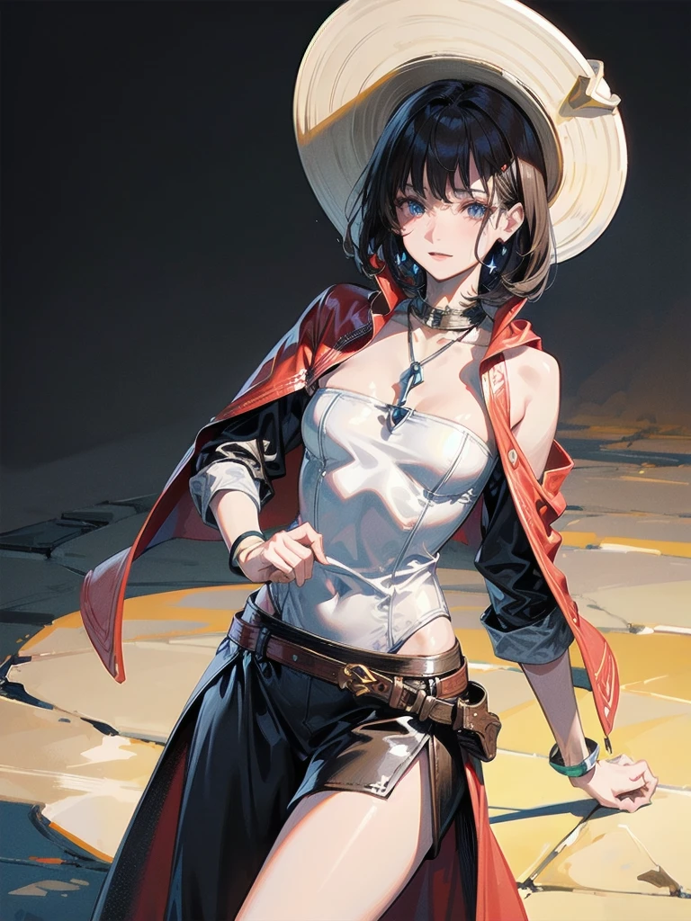 cool cowgirl, fantasy adventurer, cowboy hat, decorated hooded armor jacket, cross belt, Brown leather pants, Red leather long boots, absurdres, RAW photo, extremely delicate and beautiful, masterpiece, Best Quality, ultra high resolution, 32k, hyperrealistic, ultra-detailed, detailed description, pale skin, 20 years old, tearful mole, earring, short medium hair, wavy hair, whole body shot,