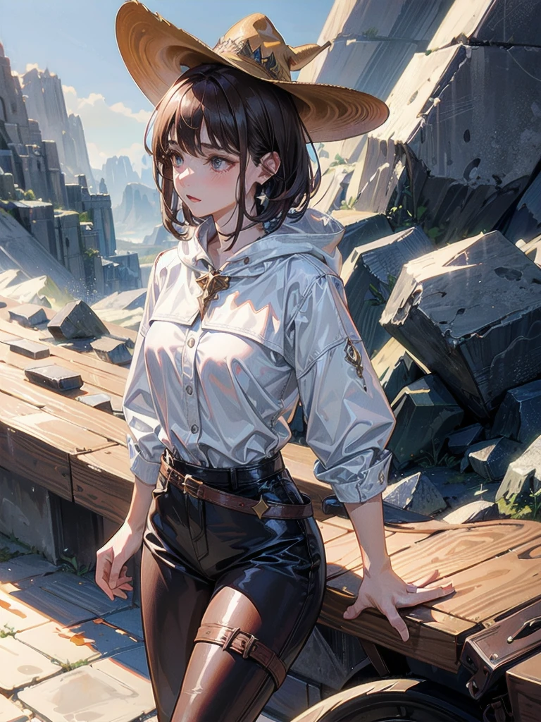 cool cowgirl, fantasy adventurer, cowboy hat, decorated hooded armor jacket, cross belt, Brown leather pants, Red leather long boots, absurdres, RAW photo, extremely delicate and beautiful, masterpiece, Best Quality, ultra high resolution, 32k, hyperrealistic, ultra-detailed, detailed description, pale skin, 20 years old, tearful mole, earring, short medium hair, wavy hair, whole body shot,