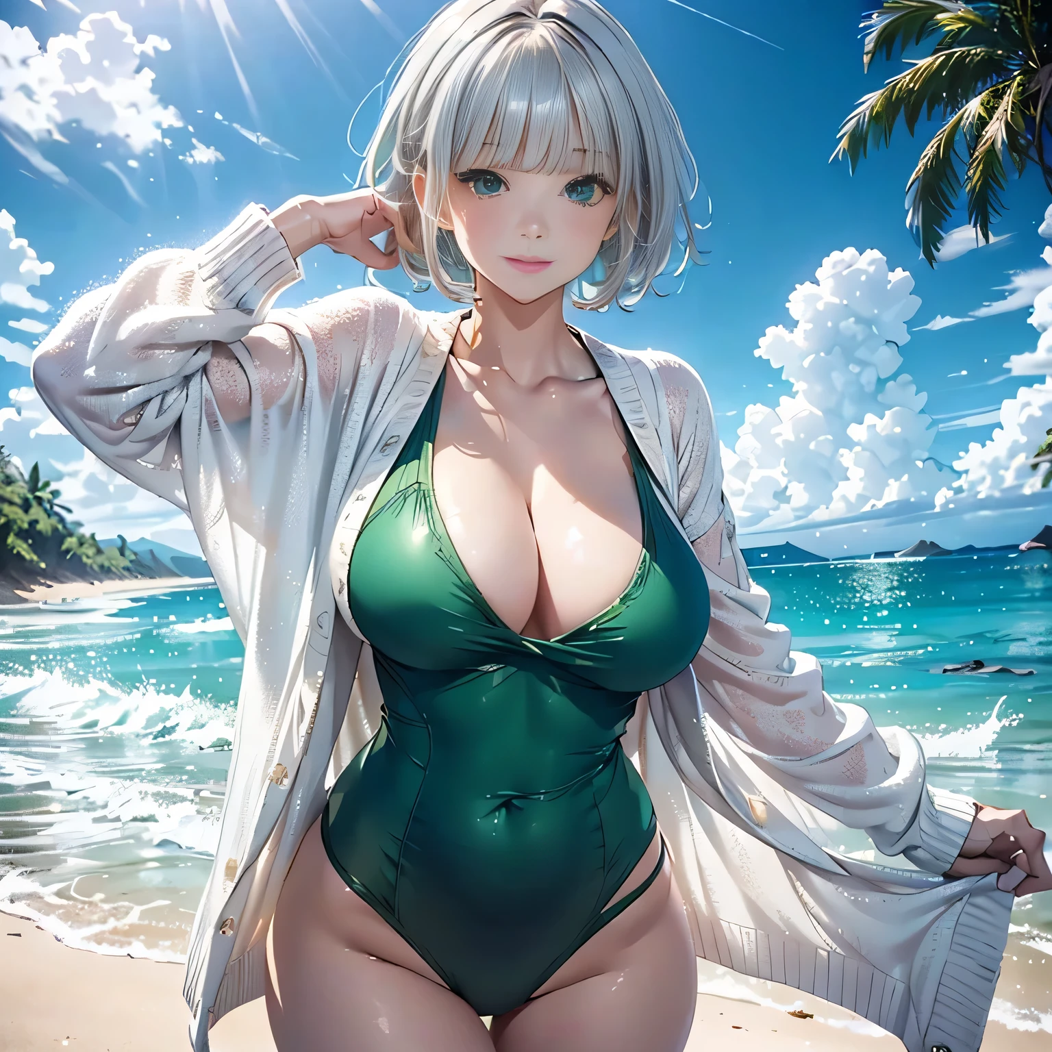 full body,low angle,from below,♥(White elegant summer knit cardigan,sexy one piece swimsuit),((1girl,cute,young,pixie cut beautiful silver blonde hair,blunt bangs,beautiful green eyes)),(solo),((masterpiece, highest resolution,best quality)), ((realistic:1.5,Beautiful girl RAW photo)),(White figure skate costume), (looking at the viewer), innocent smile,cinematic lighting,beautiful emerald green beach, white sand,waves,clouds,blue sky