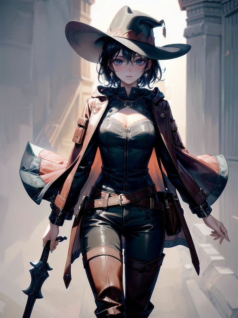 cool cowgirl, fantasy adventurer, cowboy hat, decorated hooded armor jacket, cross belt, Brown leather pants, Red leather long boots, absurdres, RAW photo, extremely delicate and beautiful, masterpiece, Best Quality, ultra high resolution, 32k, hyperrealistic, ultra-detailed, detailed description, pale skin, 20 years old, tearful mole, earring, short medium hair, wavy hair, whole body shot,