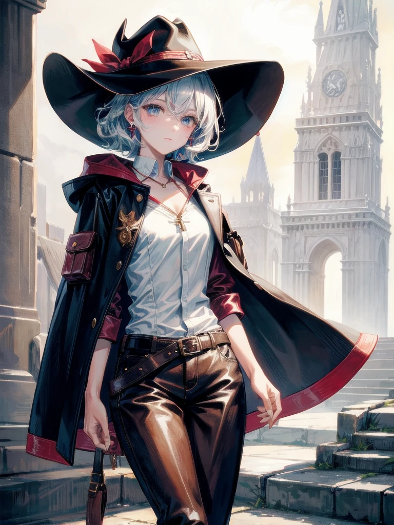 cool cowgirl, fantasy adventurer, cowboy hat, decorated hooded armor jacket, cross belt, Brown leather pants, Red leather long boots, absurdres, RAW photo, extremely delicate and beautiful, masterpiece, Best Quality, ultra high resolution, 32k, hyperrealistic, ultra-detailed, detailed description, pale skin, 20 years old, tearful mole, earring, short medium hair, wavy hair, whole body shot,