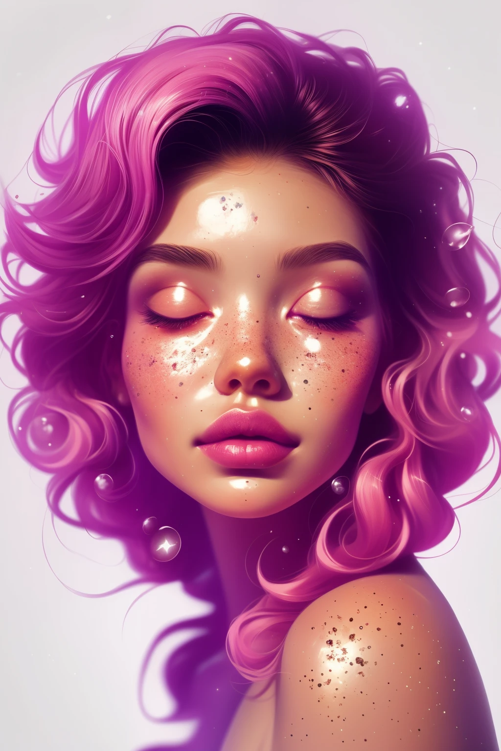 (This is a beautiful rainbow fantasy image that feels interesting and emphasizes glitter and iridescence.) Generate a ((blind)) curvy woman with colorful curly hair and milky white eyes. Her face is important and is perfectly formed with puffy lips and perfect features. (Her eyes are critically important and are (blank) and (solid white)). The image exudes ethereal beauty and soft fantasy. Include sweet and detailed birds and soft, luminous flowers in all the colors of the rainbow. The image's background is decorated in shades of pink, shimmer, glitter, and fantasy details like colored bubbles and cosmos. Utilize dynamic composition to create a compelling and action-packed image. Dramatic lighting and cinematic lighting enhance the woman's beauty and the soft colors in the artwork. (((((Perspective: head on.))))) Include fantasy, cute, colorful, colourful, interesting magic background, ((((blank eyes)))), ((((empty white eyes)))), (shirome eyes:1.3), (smirking), (perfectly rendered solid whiteeyes), ((birthmark on lip)), ((pretty lips)), beautiful background, complex background, sweet background, (((rainbow))), subtle freckles, natural freckles, soft skin, diffused skin, natural skin, gentle skin, matte skin
