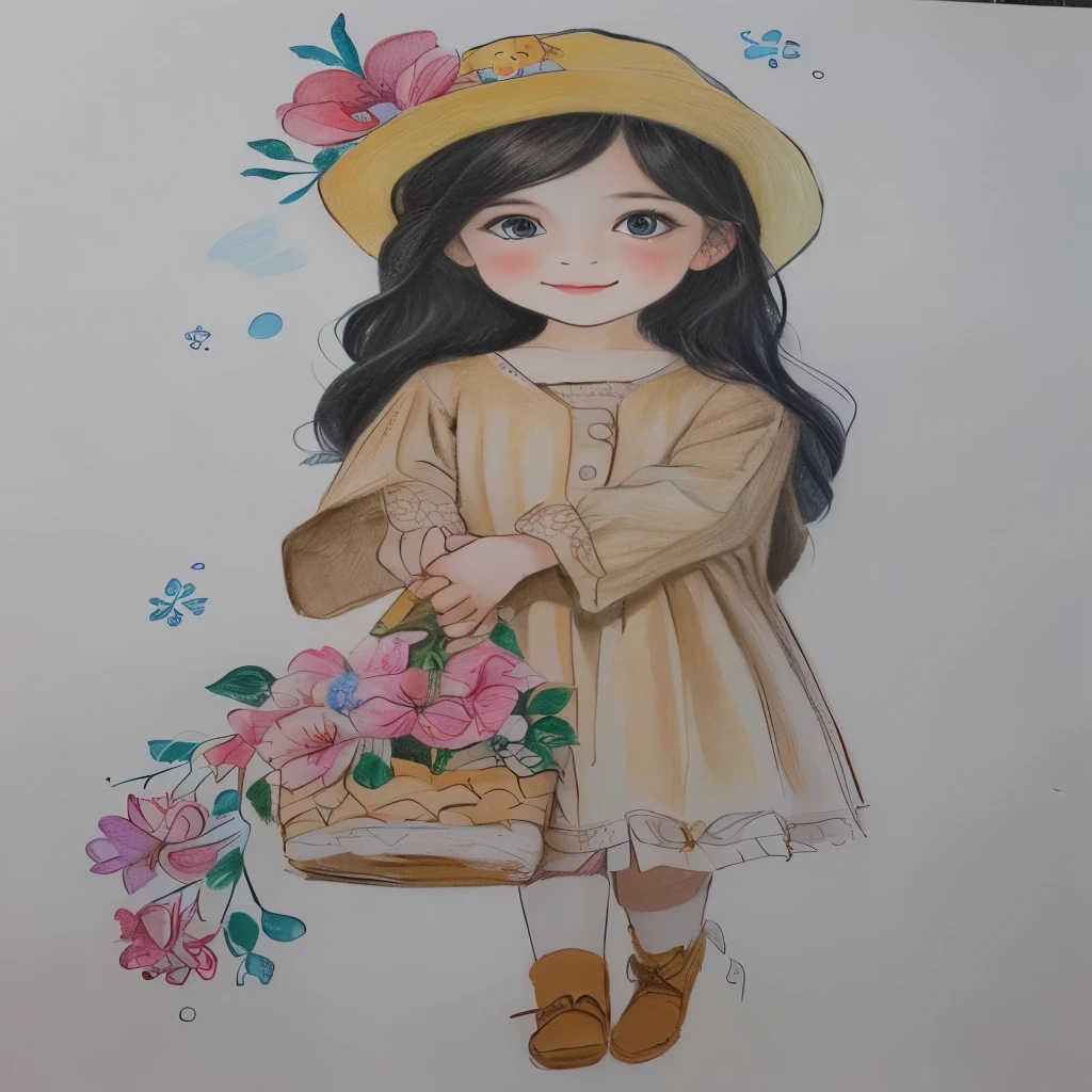 um desenho de uma  com uma cesta de flores, children\'s book drawing, childrenbook illustration, book portrait, traditional art, kids book illustration, children's book illustration, children’s book illustration
