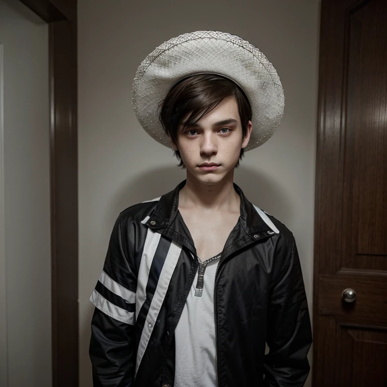 Polish emo boy short dark brown hair, blue-gray eyes, very white complexion, similar to the character Dominik Santorski from the movie Suicide Room, dressed as an emo from 2000, Height 1.91cm, very thin, very handsome , Do it in Mexico by taking a selfie with a Mexican hat
