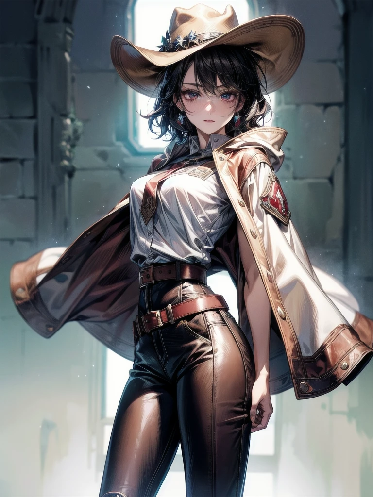 cool cowgirl, fantasy adventurer, cowboy hat, decorated hooded armor jacket, cross belt, Brown leather pants, Red leather long boots, absurdres, RAW photo, extremely delicate and beautiful, masterpiece, Best Quality, ultra high resolution, 32k, hyperrealistic, ultra-detailed, detailed description, pale skin, 20 years old, tearful mole, earring, short medium hair, wavy hair, whole body shot,