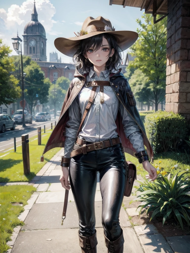 cool cowgirl, fantasy adventurer, cowboy hat, decorated hooded armor jacket, cross belt, Brown leather pants, Red leather long boots, absurdres, RAW photo, extremely delicate and beautiful, masterpiece, Best Quality, ultra high resolution, 32k, hyperrealistic, ultra-detailed, detailed description, pale skin, 20 years old, tearful mole, earring, short medium hair, wavy hair, whole body shot,