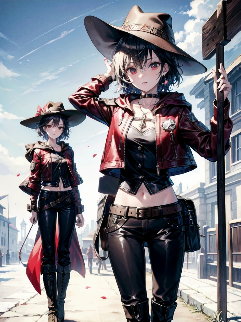 cool cowgirl, fantasy adventurer, cowboy hat, decorated hooded armor jacket, cross belt, Brown leather pants, Red leather long boots, absurdres, RAW photo, extremely delicate and beautiful, masterpiece, Best Quality, ultra high resolution, 32k, hyperrealistic, ultra-detailed, detailed description, pale skin, 20 years old, tearful mole, earring, short medium hair, wavy hair, whole body shot,