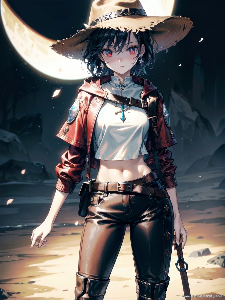 cool cowgirl, fantasy adventurer, cowboy hat, decorated hooded armor jacket, cross belt, Brown leather pants, Red leather long boots, absurdres, RAW photo, extremely delicate and beautiful, masterpiece, Best Quality, ultra high resolution, 32k, hyperrealistic, ultra-detailed, detailed description, pale skin, 20 years old, tearful mole, earring, short medium hair, wavy hair, whole body shot,