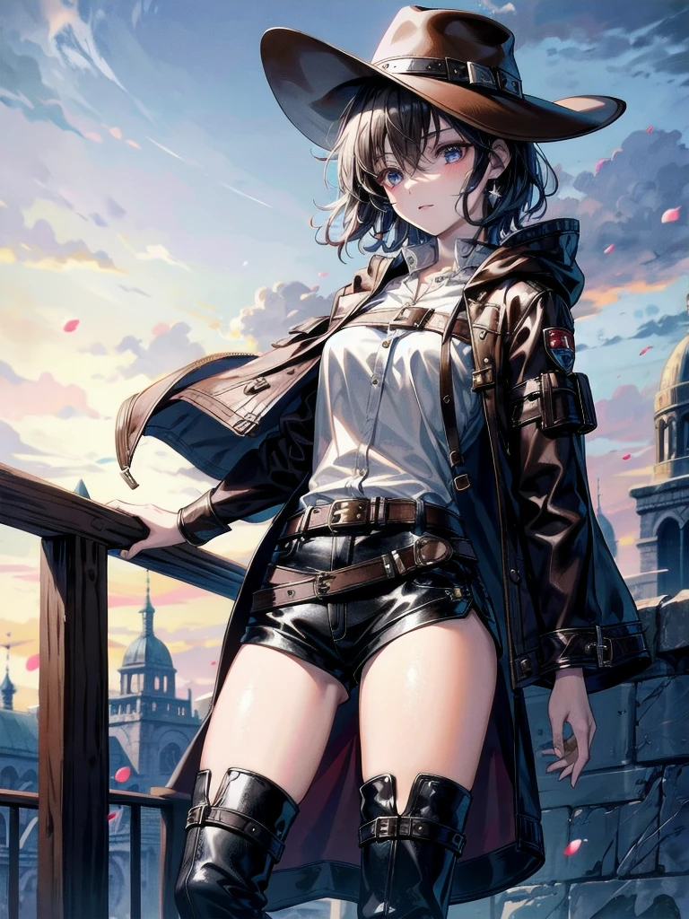 cool cowgirl, fantasy adventurer, cowboy hat, decorated hooded armor jacket, cross belt, Brown leather pants, Red leather long boots, absurdres, RAW photo, extremely delicate and beautiful, masterpiece, Best Quality, ultra high resolution, 32k, hyperrealistic, ultra-detailed, detailed description, pale skin, 20 years old, tearful mole, earring, short medium hair, wavy hair, whole body shot,
