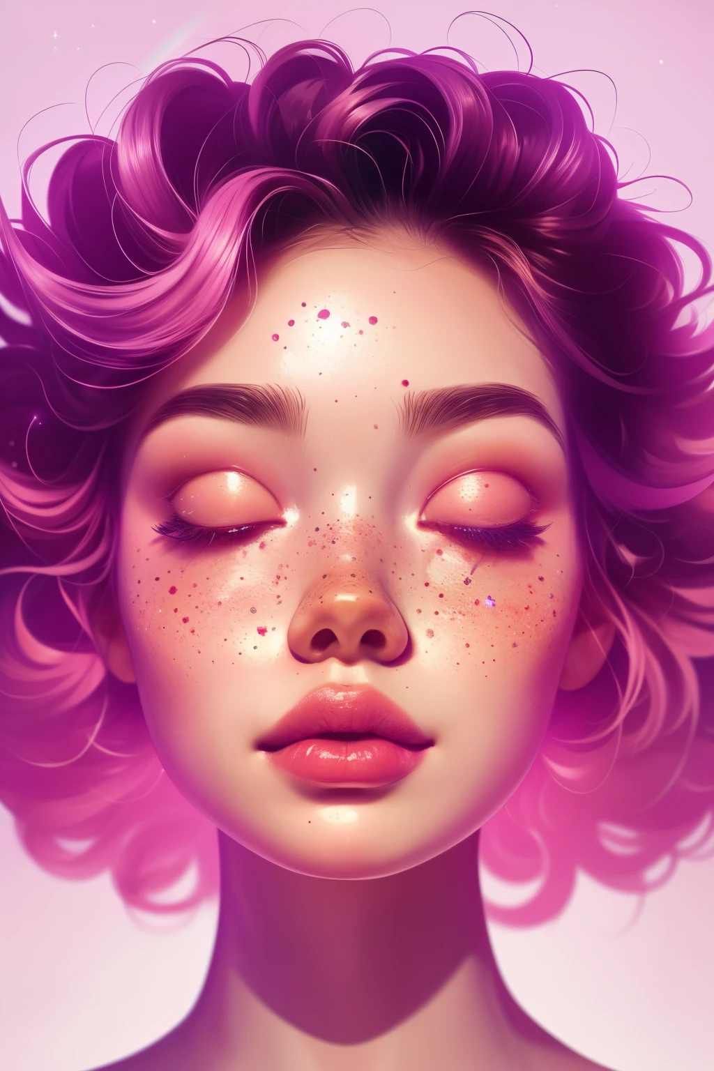 (This is a beautiful rainbow fantasy image that feels interesting and emphasizes glitter and iridescence.) Generate a ((blind)) curvy woman with colorful curly hair and milky white eyes. Her face is important and is perfectly formed with puffy lips and perfect features. (Her eyes are critically important and are (blank) and (solid white)). The image exudes ethereal beauty and soft fantasy. Include sweet and detailed birds and soft, luminous flowers in all the colors of the rainbow. The image's background is decorated in shades of pink, shimmer, glitter, and fantasy details like colored bubbles and cosmos. Utilize dynamic composition to create a compelling and action-packed image. Dramatic lighting and cinematic lighting enhance the woman's beauty and the soft colors in the artwork. (((((Perspective: head on.))))) Include fantasy, cute, colorful, colourful, interesting magic background, ((((blank eyes)))), ((((empty white eyes)))), (shirome eyes:1.3), (smirking), (perfectly rendered solid whiteeyes), ((birthmark on lip)), ((pretty lips)), beautiful background, complex background, sweet background, (((rainbow))), subtle freckles, natural freckles, soft skin, diffused skin, natural skin, gentle skin, matte skin