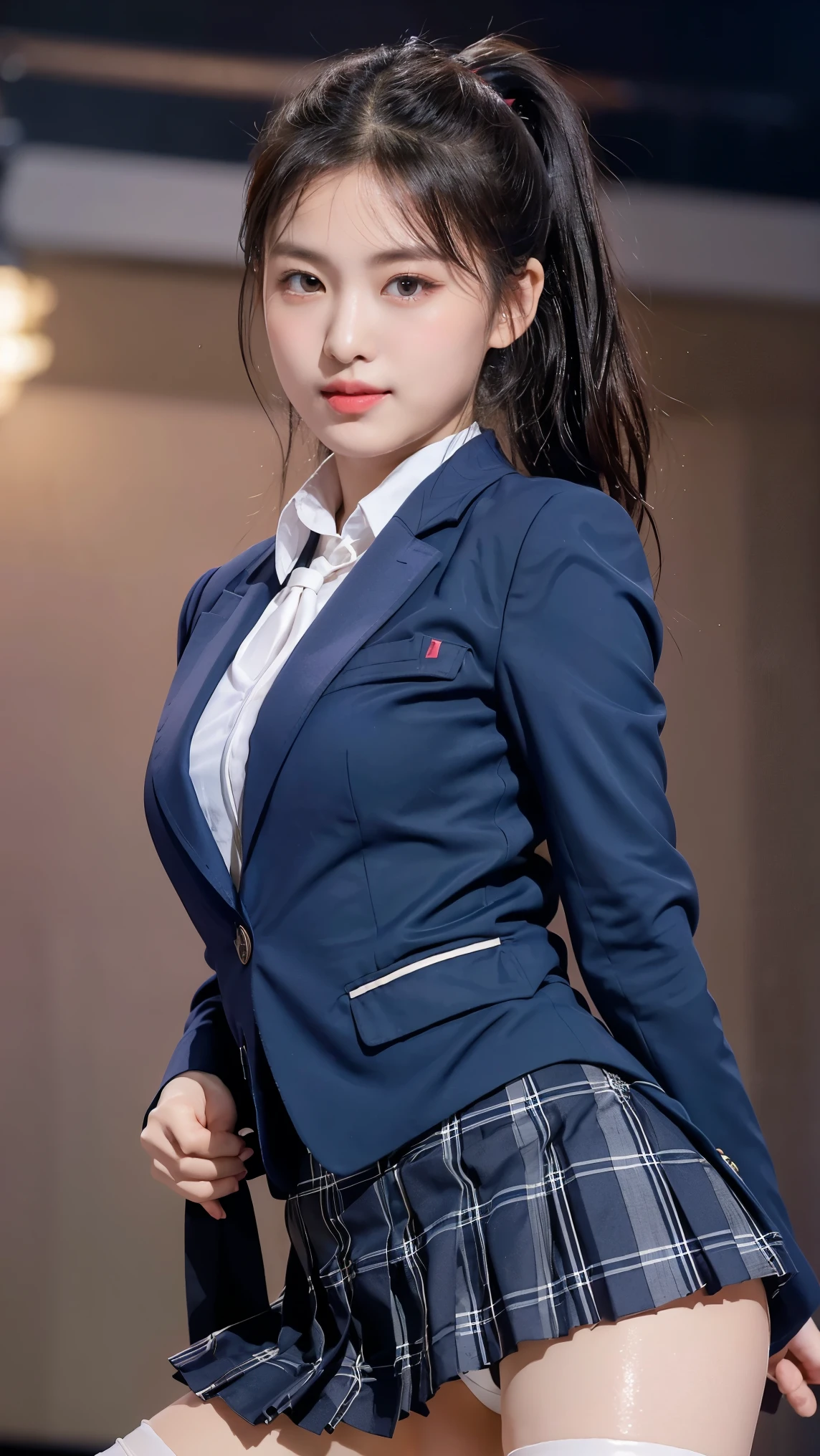 (8k), (highest quality: 1.2), (Realistic), (Realistic: 1.47), Ultra-high resolution, 1 girl, cute, smile, Mouth closed, (Thick lips:1.2),Red lips,(Purse your mouth),Beautiful details, Beautiful Nose,(Straight shiny black hair),(With a black ribbon on her head),(ponytail),Stand on the concert stage,(One leg up ballet pose:1.2),(Arabesque:1.4),(University uniform,A simple navy blue blazer,White satin shirt,tie,Tartan Check Pleated Skirt,Opaque tights:1.2),(Wet thighs close up:1.2),(knees),(Ultra low angle:1.2),