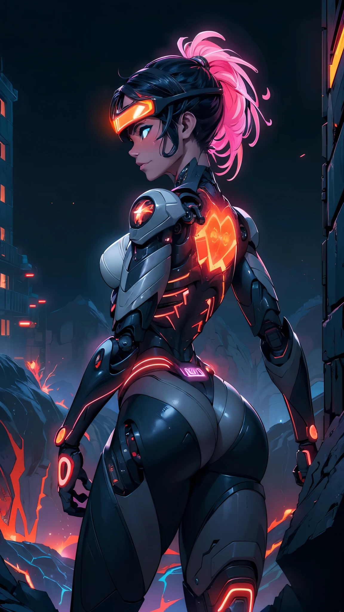 (rear view, backside view),,(La mejor calidad,A high resolution,Ultra - detallado,actual)、(cyborg mirai white :1.4) , ciberpunk、big glutes、arrodillarse、(Electronic visor:1.4), attached to face of 12 year old girl with emphasis on buttocksskirt showing panties White:1.4) ,mirai red latex body,modo ciberpunk、pose sexy、(Usar polainas amarillas en la parte inferior del cuerpo、Agrandamiento de los senos、(background Neon lights in the dark city at night..:1.4),Motor irreal:1.4,High Definition,La Mejor calidad:1.4, fotorrealista:1.4, textura de la piel:1.4, Obra maestra:1.8,Obra maestra, Mejor calidad,(hermosos ojos azules ),( neon pink cyborg white ),(perfect anatomy :1.4 ),(body ciborg Mirai naranja:1.4 ) ,(mirai:1.4), (trasero y caderas grandes),( convexo dedos detallados),( robot cyborg kawaii white :1.4), (background alley walls big stones night:1.4), ,( ciberpunk 2.1),( organic mechanical cyborg :1.4),( perfect anatomy :1.4), (face detailed :1.4), ,(Fondo de ruinas de mazmorra en ruinas:1.4 ),( cinematic lighting), (Cinematic V2.1),( tiene un culo hermoso caderas:1.4 ), (trasero hermoso ), (fondo lava magma piedras grandes :1.4), (magma lava cyborg V2.1), (magma lava cyborg :1.4)