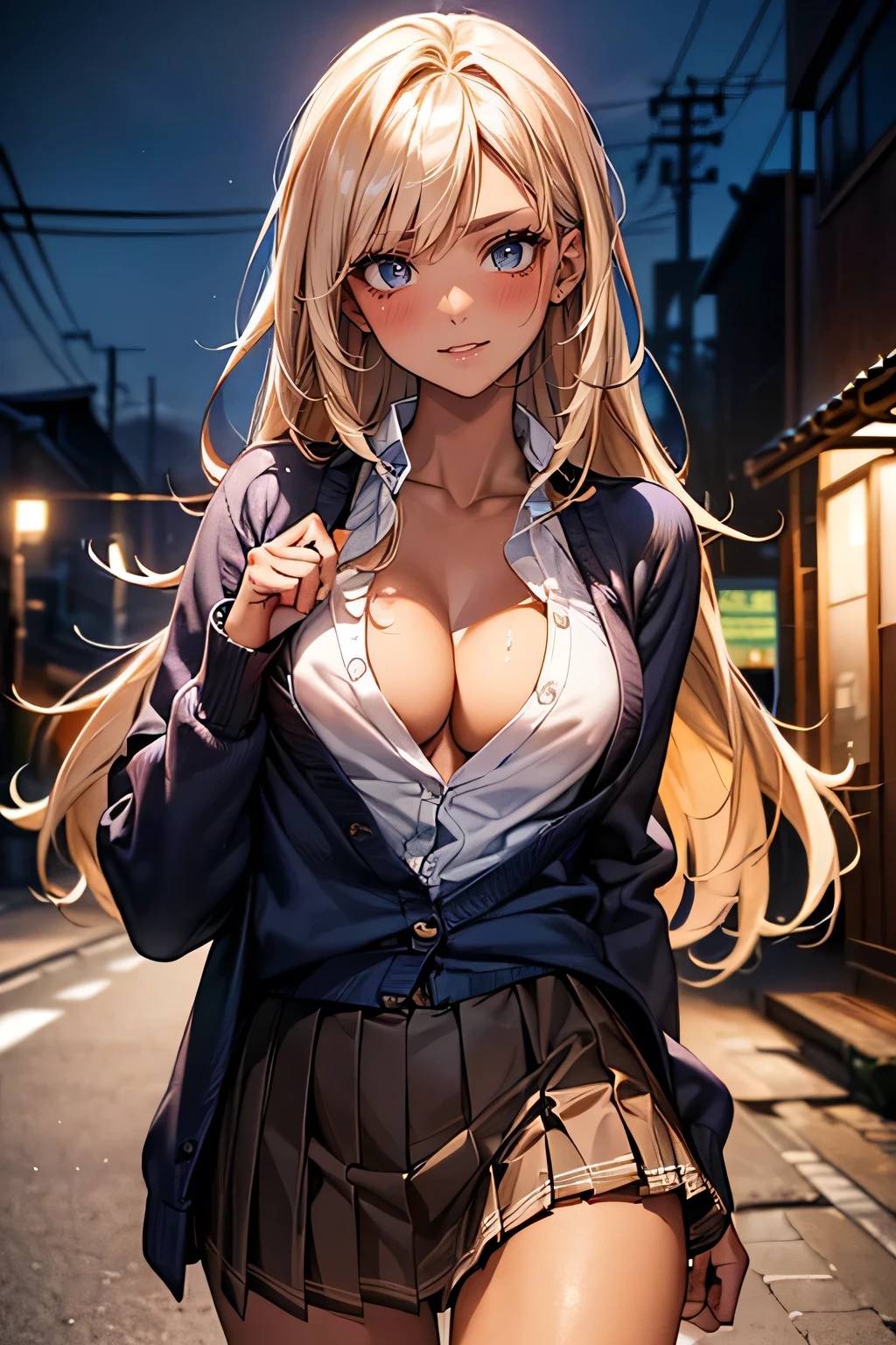 ((Perfect Anatomy:1.2,Realistic:1.3,RAW Photos:1.3,masterpiece、highest quality、Ultra - High resolution、High resolution、Highly detailed CG、8k)),Cowboy Shot. 1 female,alone,18-year-old、high school girl,beautiful girl,((Beautiful face and eyes:1.2,Big beautiful eyes:1.3,)),blonde,Long Hair,(Center parted hair:1.4,amount),Small Head:1.3,(Provocative smile),thin,((Dark brown skin:1.4)),(Oily skin,Glowing Skin,Shiny skin,(school uniform、White blouse,Navy blue cardigan,Checkered pleated mini skirt),(Give your viewers some ). The background is a dirty back alley、dark,At night、Tokyo.
