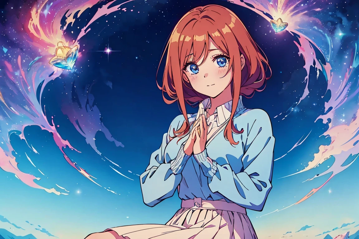 official art, unified 8k wallpaper, Super detailed, beautiful and Aesthetic, high quality, masterpiece, best quality, (tangled, mandala, tangled, twist: 0.6), 1 female,  Miku nakano, blue eyes,  fluffy brown red hair, nakano_miku, sparkling eyes, perfect face, soft smile, sweet face, lovely, light blue sweater cardigan, collared white shirt, green pleated skirt, flowing glowing hair, soft vivid colours, lovely, splendid, delicacy, 4k, watercolor illustration, disney art style, dreamy nebula, fairy core, pearly dim light, soft pastel colours, diffused dreamy light, pearly nebula, Heart, iridescent, crystal,  blue sky, pastels, dark starry sky, 

glowing aura around her, fantasia otherworldly landscape, octans, sky, star (sky), scenery, light blue sky, 1girl, solo, outdoors, cloud, milky way, sitting, pale moon, magical photography, ultra-detailed, 4k, Depth of field, High-resolution, outdoors, night, starry sky, starts made of iridescent tears, pastel aesthetic colors, sfw, masterpiece, 4k, ultradetailed, cowboy shot, sparkling eyes,  smile, happy, cute, looking at the sky, dim light, ​masterpiece、top-quality、Beautifully Aesthetic:1.2)、(a beauty girl:1.3)、vivid colours、colourful、Large ribbon、Wallpapers, night, dark, Soft Light, Deep Focus Bokeh, fantasy, galaxy, sparkling, splendid, colorful, magical photography, dramatic lighting, intricate details, (1 girl, solo, alone) crystal, fantasy, shimmering, sparkling, colorful, bright colours. fix her hands