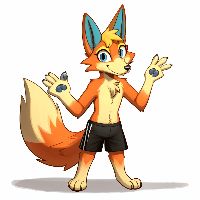 by daftpatriot, by softailfox, by honeymono, solo, male, mammal, anthro, canid, canine, fox, fur, simple background, male, smile, white background, featureless crotch, standing, feet, hi res, hands, 4 fingers, toes, dipstick tail, orange fur, looking at viewer, biped, tuft, wearing black shorts, blue irises, 3 toes, tail markings, markings, cheek tuft, facial tuft, chest tuft, black nose, fingers, white fur, white body, btets, 