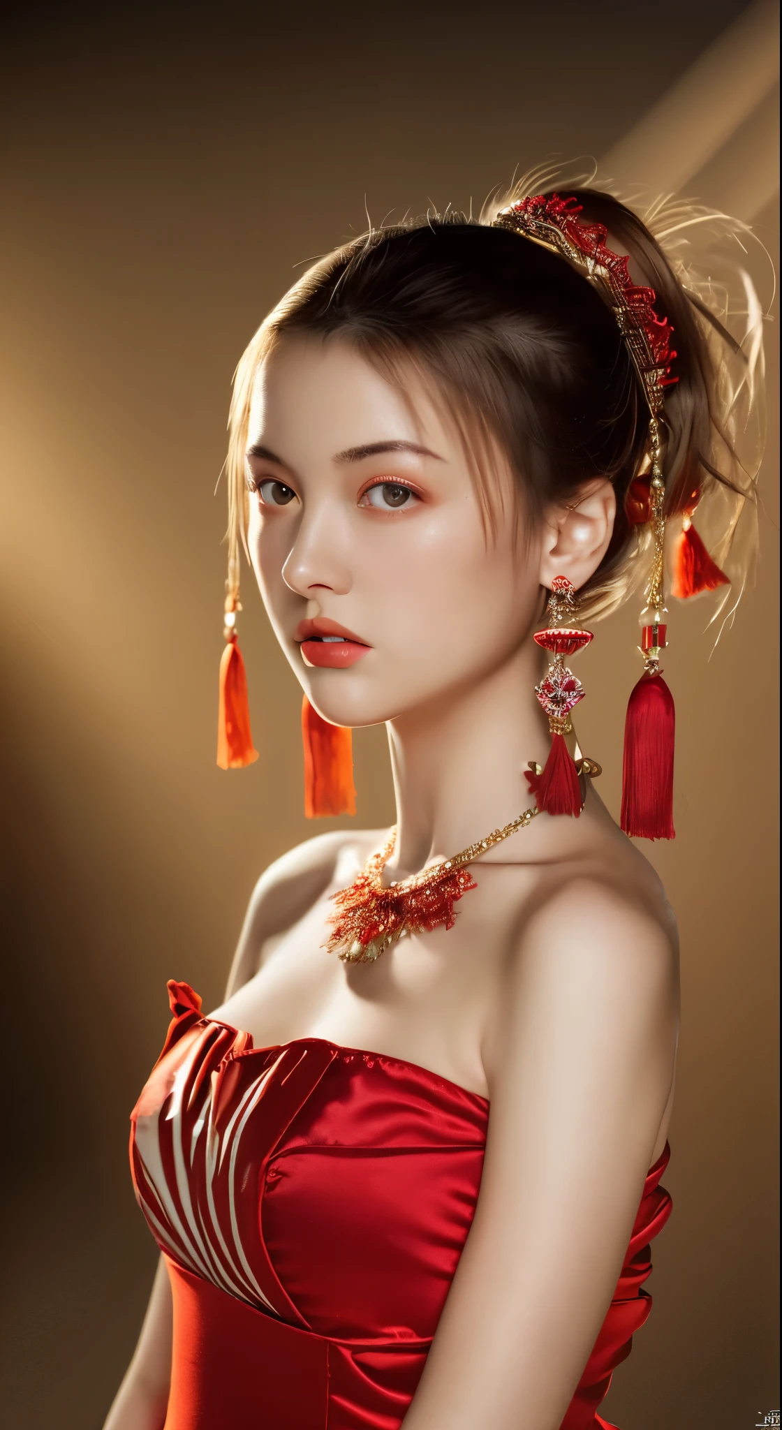 最high quality, masterpiece, High resolution, One girl, Chinese Hanfu,Chinese Architect Background, Red scarf, hair ornaments,necklace, jewelry,Beautiful Face,On top of that_body, Tyndall effect,Realistic, Dark studio, Rim Light, Two-tone lighting,(Skin with attention to detail:1.2), 8K Ultra HD, Digital SLR, Soft lighting, high quality, Volumetric lighting, Frank, photograph, High resolution, 4K, 8k, Bokeh,Girl in a red dress