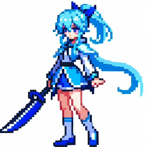 Pixel art, full body, facing left (important), bright blue and white, holding a scythe in both hands, magical girl, long ponytail, ribbon, loose clothing, cloak. Hair color: soft, pale blue hair. Eye color: pink eyes. Outfit: clothing in white and blue tones. wearing a blue cloak over a white shirt, a blue miniskirt. Accessories: blue flower ornament in hair on right side. Weapon held: scythe decorated with blue and white ornaments.