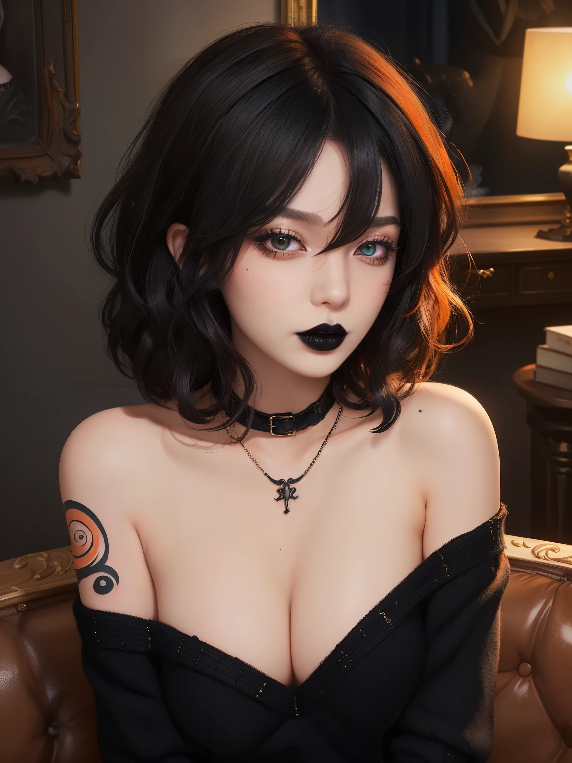 masterpiece, adult, gothic themed room, woman with orange and black ombre hair, goth, black lipsticks, tattoos, bangs, curly hair, eye shadow, smoky eyes, smokey eyes, black sweater, off the shoulder, necklace, collar