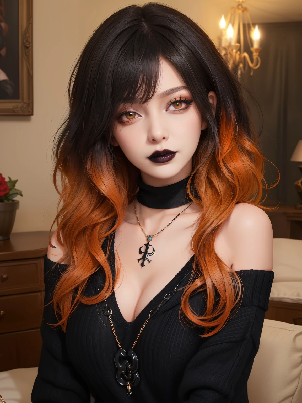 masterpiece, adult, gothic themed room, woman with black to orange ombre hair, goth, black lipsticks, tattoos, bangs, curly hair, eye shadow, smoky eyes, smokey eyes, black sweater, off the shoulder, necklace, collar