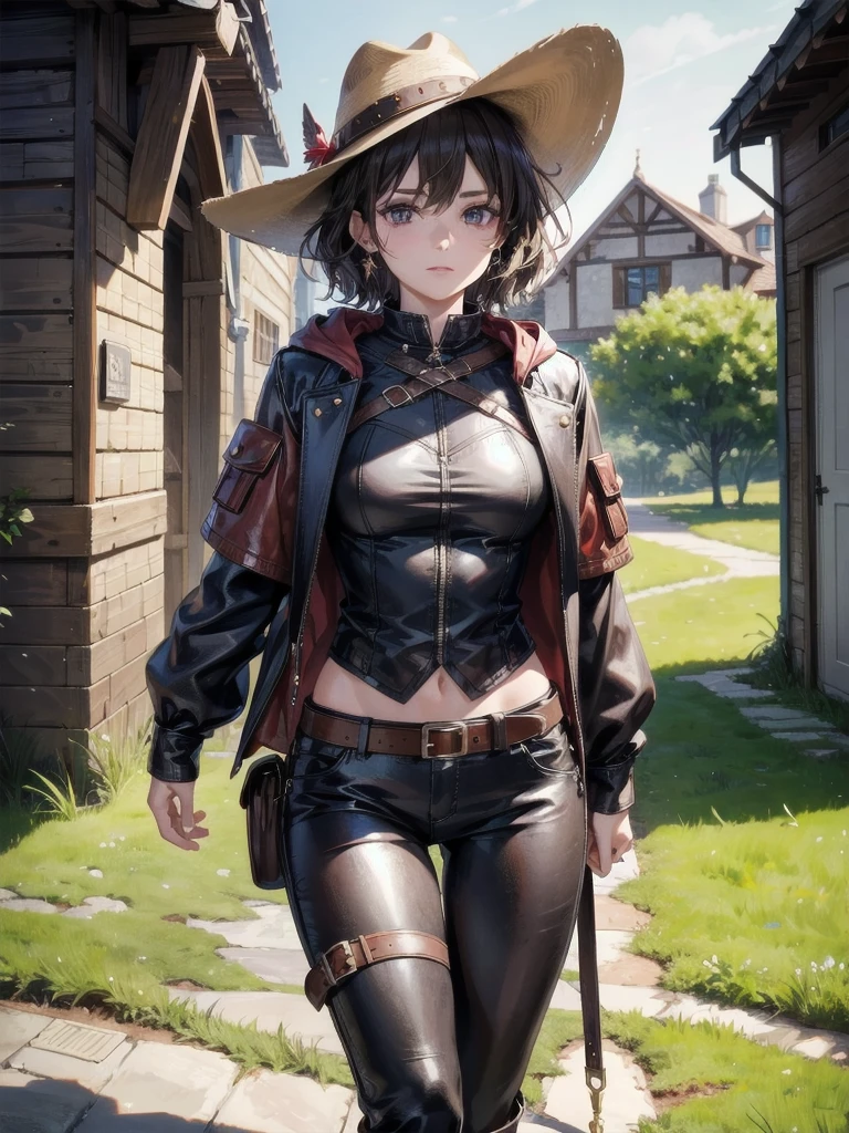 cool cowgirl, fantasy adventurer, cowboy hat, decorated hooded armor jacket, cross belt, Brown leather pants, Red leather long boots, absurdres, RAW photo, extremely delicate and beautiful, masterpiece, Best Quality, ultra high resolution, 32k, hyperrealistic, ultra-detailed, detailed description, pale skin, 20 years old, tearful mole, earring, short medium hair, wavy hair, whole body shot,