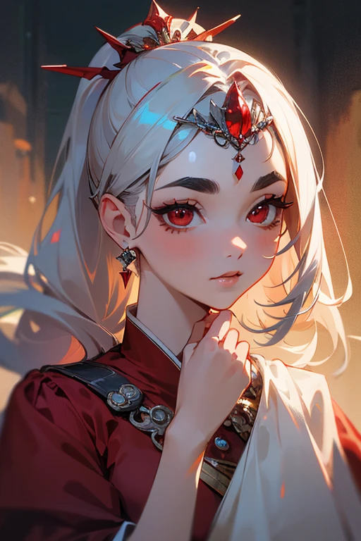 (highest quality, masterpiece:1.2), High resolution, Very detailed, Realistic:1.37, Fantasy, An illustration, Hair is whiteいです、Red eyes、Queen, Red dress.Platinum decoration、beautifully、Eyeshadow Red、Thick eyebrows、Long eyelashes、pupils are black、Hair is whiteい、Kissing Face、Embarrassing、Loved、ponytail、Hair is white、very cute、Shoulder Bare、platinum tiara、Beautiful hair ornaments、The image of the face is as it is、