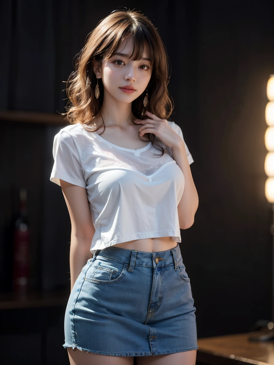 (8k, RAW Photos, highest quality, masterpiece:1.2), Super Resolution, (Realistic, Realistic Photo:1.37), Head to toe, High-resolution RAW color photos, Professional photos, Very detailed, 8k wallpaper, Amazing details, Very detailed美少女, Very detailed顔, Very detailed目, Very detailed肌, Very detailed指, Very detailed鼻, Very detailed詳細な口 , Very detailed脚, Perfect Anatomy, Very detailed背景, Very detailed衣服, 1 girl, (18:1.2), Age 25, Realistic body, Fair skin, Glowing Skin , Curly Hair, (bangs:1.2), smile, Cute Face, Realistic face, Delicate eyes, Purple Mesh Shirt, Short skirt, Earrings, Looking at the audience, Cowboy Shot, Dynamic Lighting, Very large breasts,