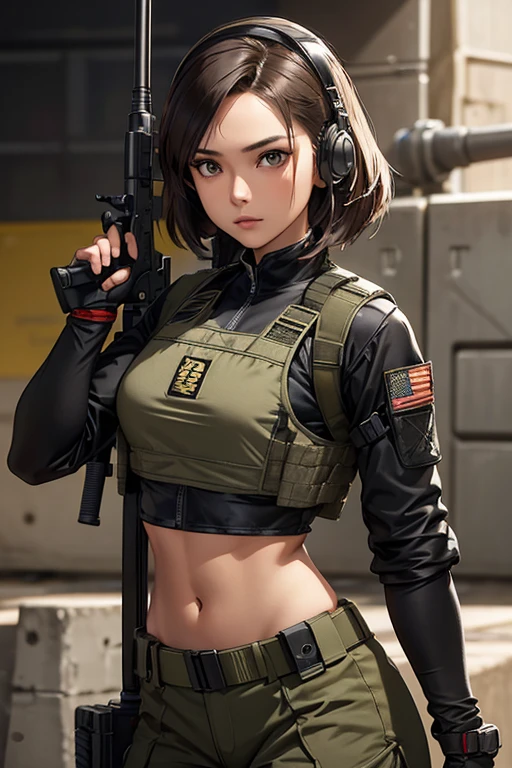 a woman in a black outfit holding a rifle and wearing headphones, 24-year-old woman, Filipino woman, tan bronze skin, soldier girl, mechanized soldier girl, military girl, beautiful female soldier, female lead character, infantry girl, of a sniper girl in war, solo female character, future combat gear, close up half body shot, Women in crop top military bulletproof vest, showing navel, quiet from metal gear solid v, wearing tactical gear, dressed in tactical armor